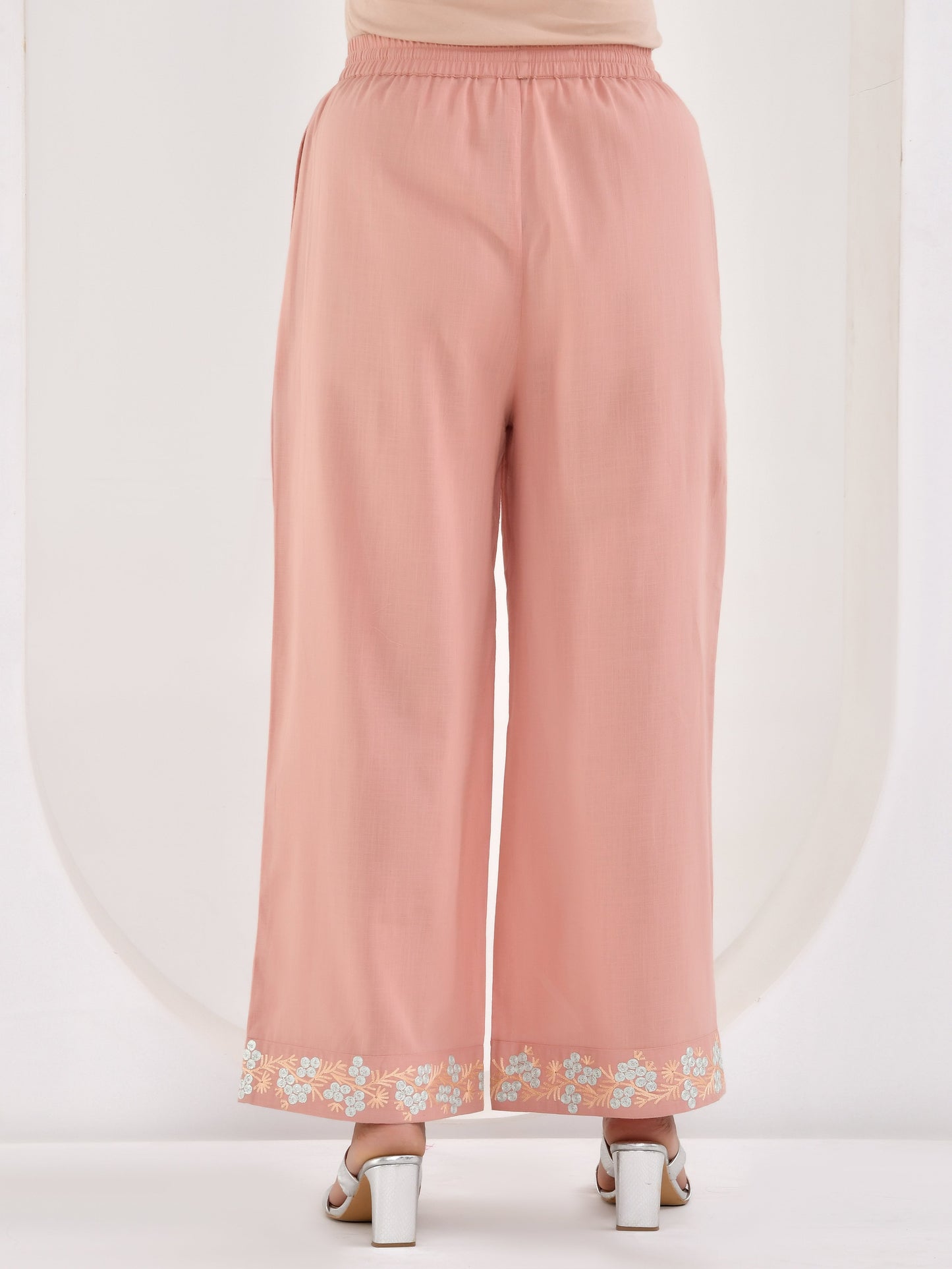 Embroidered Slub cotton Solid Peach Palazzo