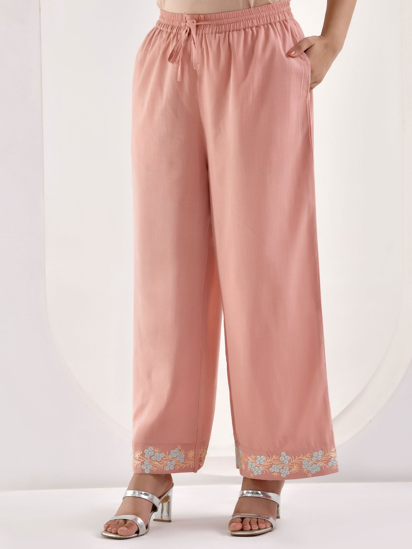 Embroidered Slub cotton Solid Straight Peach Kurta