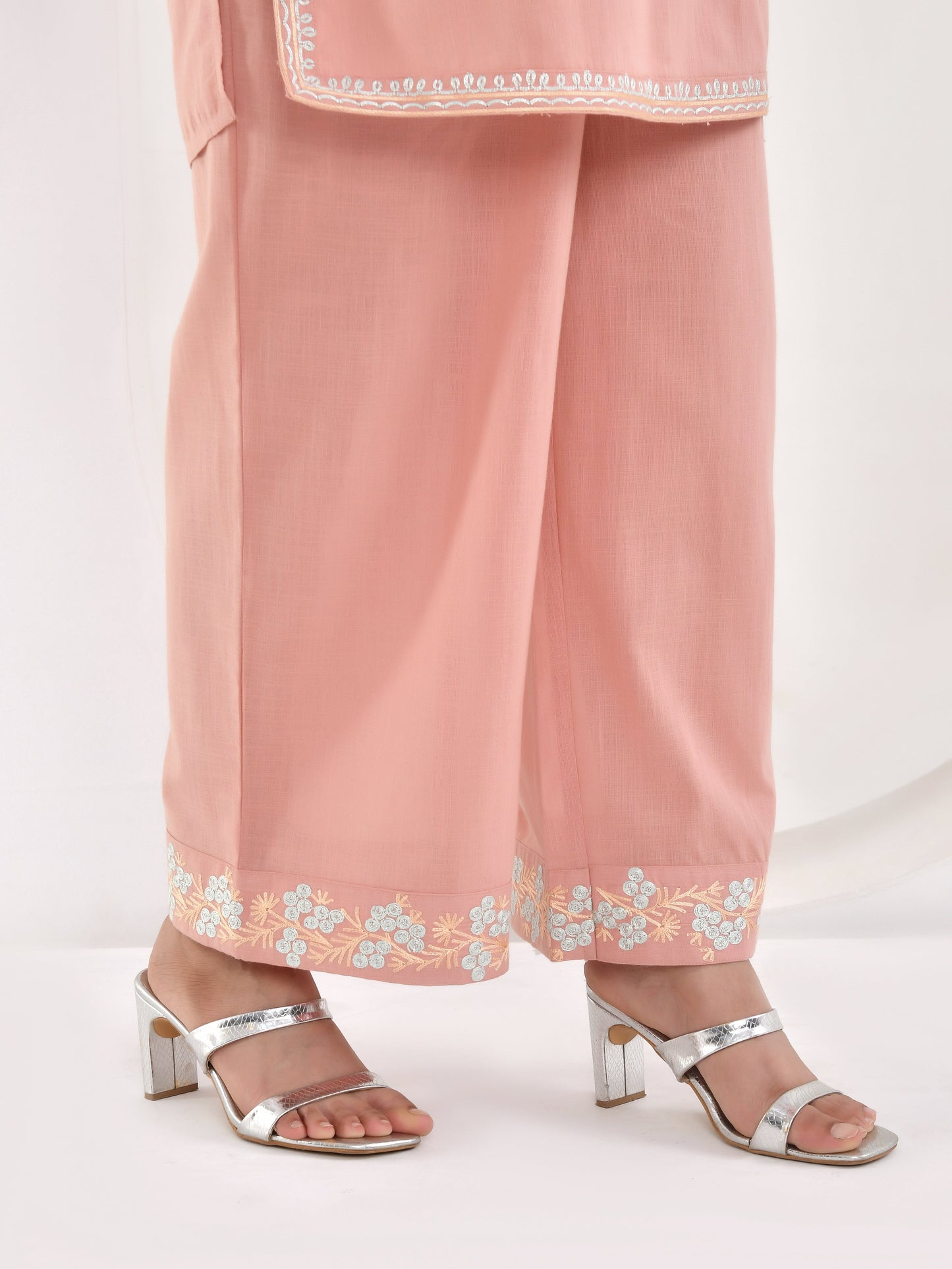 Embroidered Slub cotton Solid Straight Peach Kurta