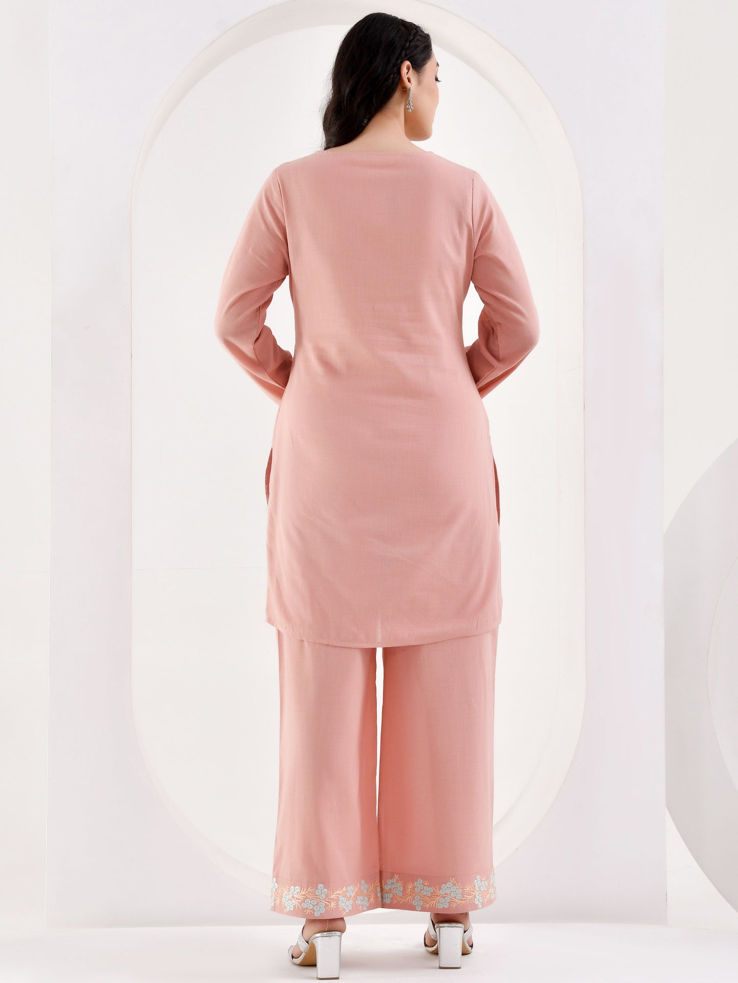 Embroidered Slub cotton Solid Straight Peach Kurta