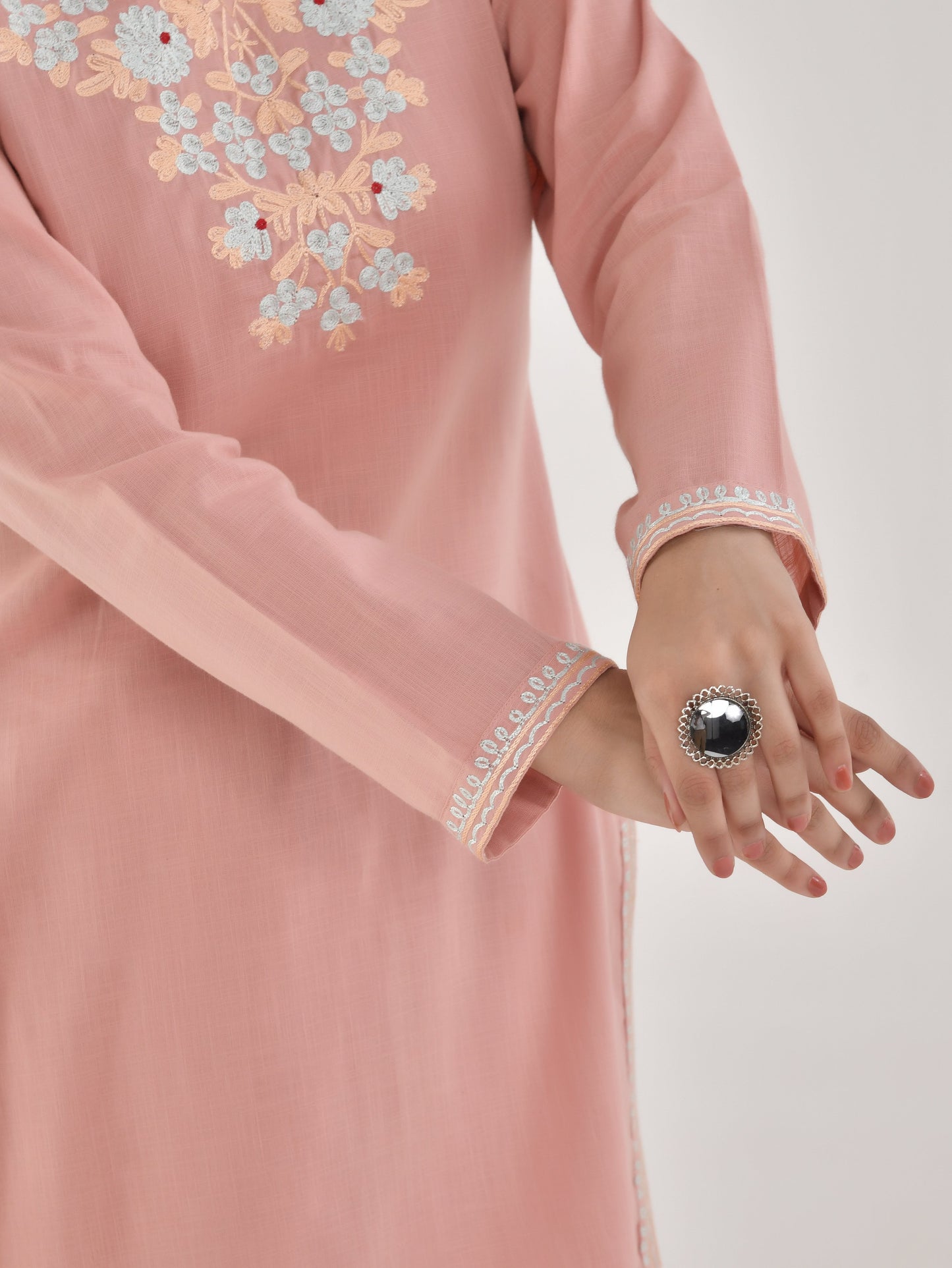 Embroidered Slub cotton Solid Straight Peach Kurta
