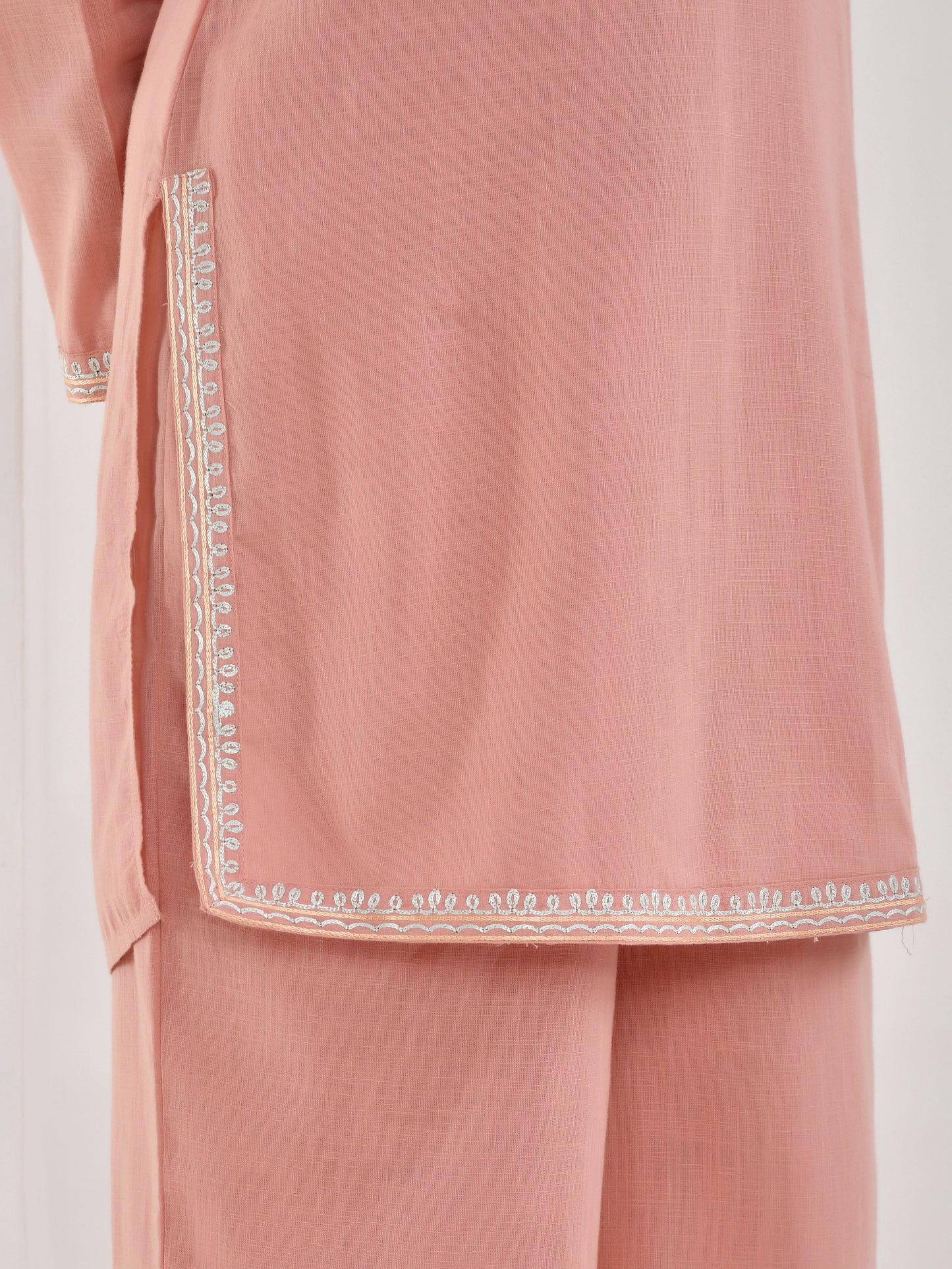Embroidered Slub cotton Solid Straight Peach Kurta