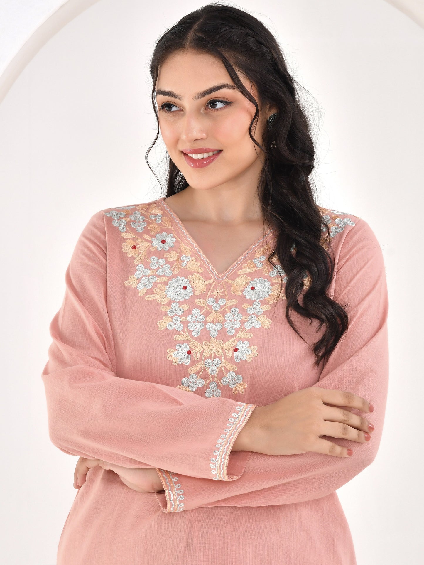 Embroidered Slub cotton Solid Straight Peach Kurta