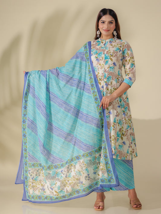 Soft Cotton Floral A-line Beige Kurta