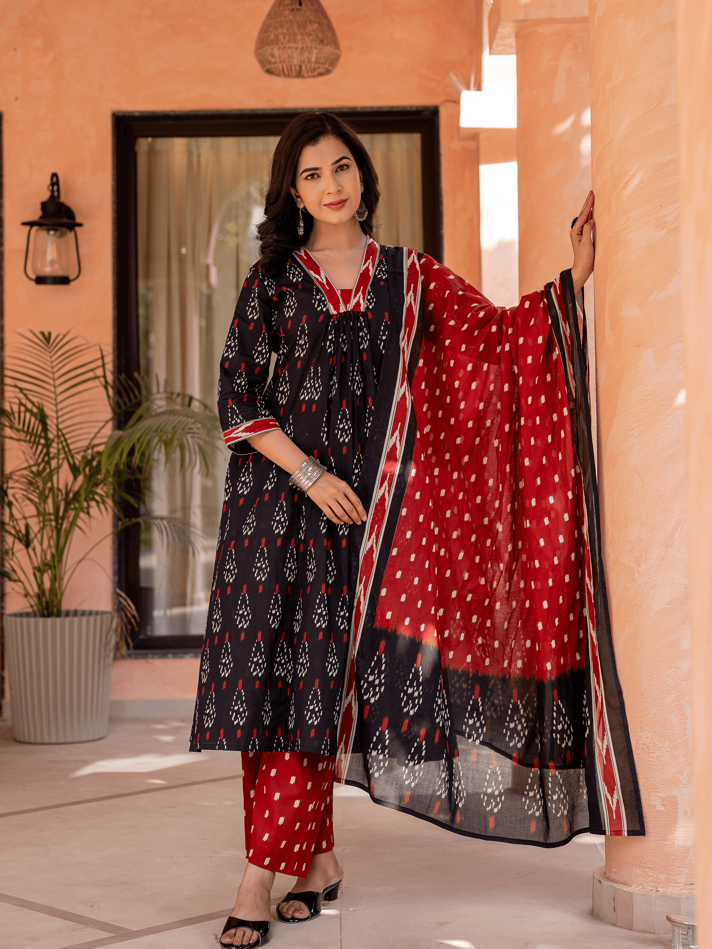 Soft cotton Ikat A-line Black Kurta