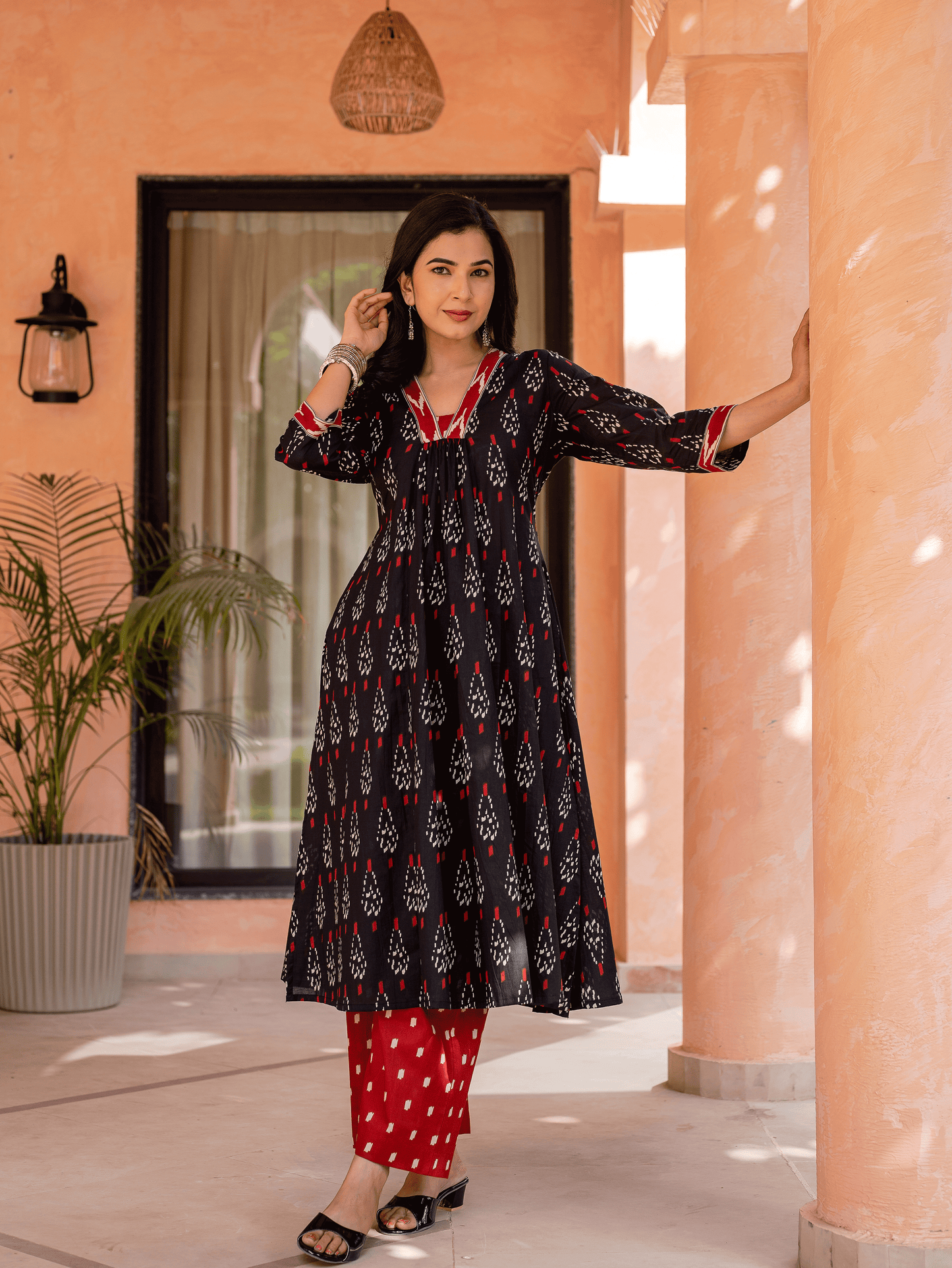 Soft cotton Ikat A-line Black Kurta
