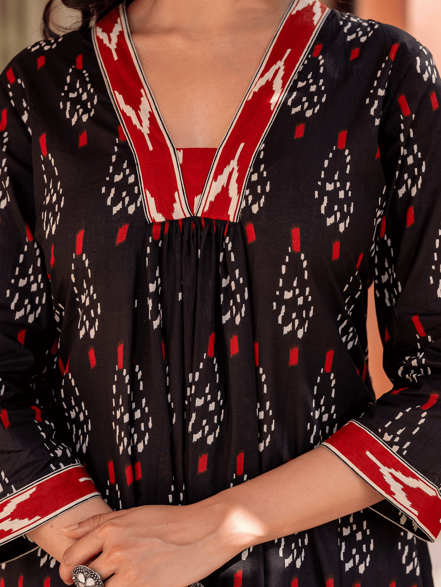Soft cotton Ikat A-line Black Kurta