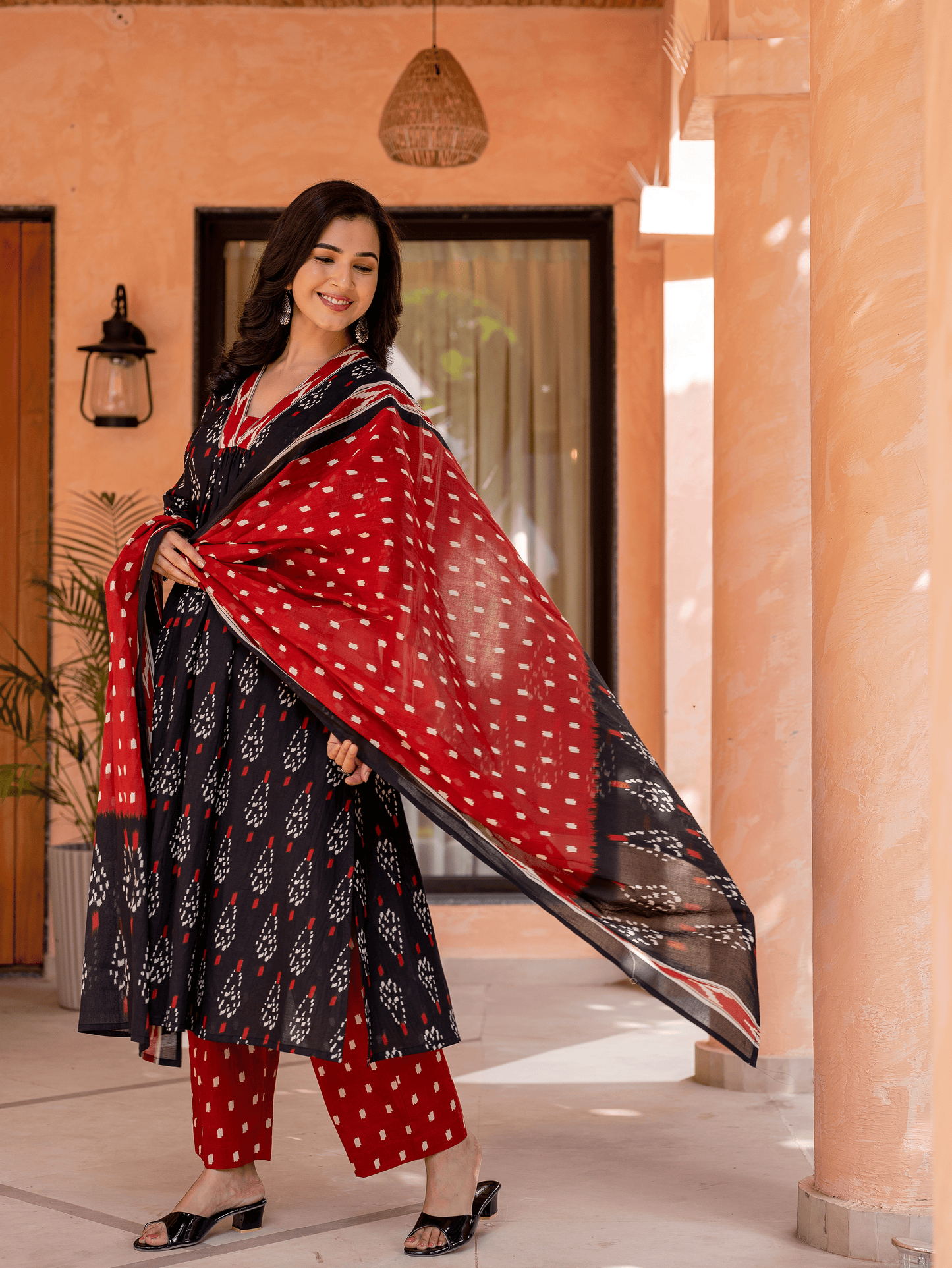 Soft cotton Ikat A-line Black Kurta