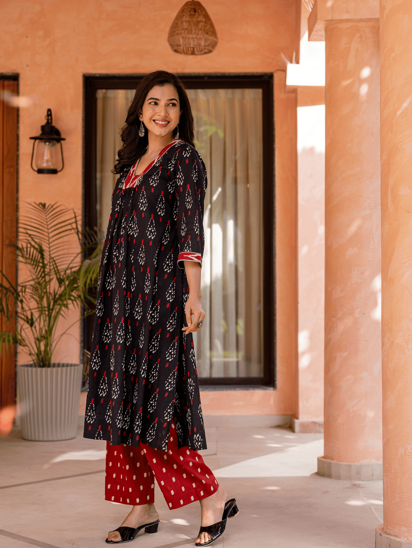 Soft cotton Ikat A-line Black Kurta