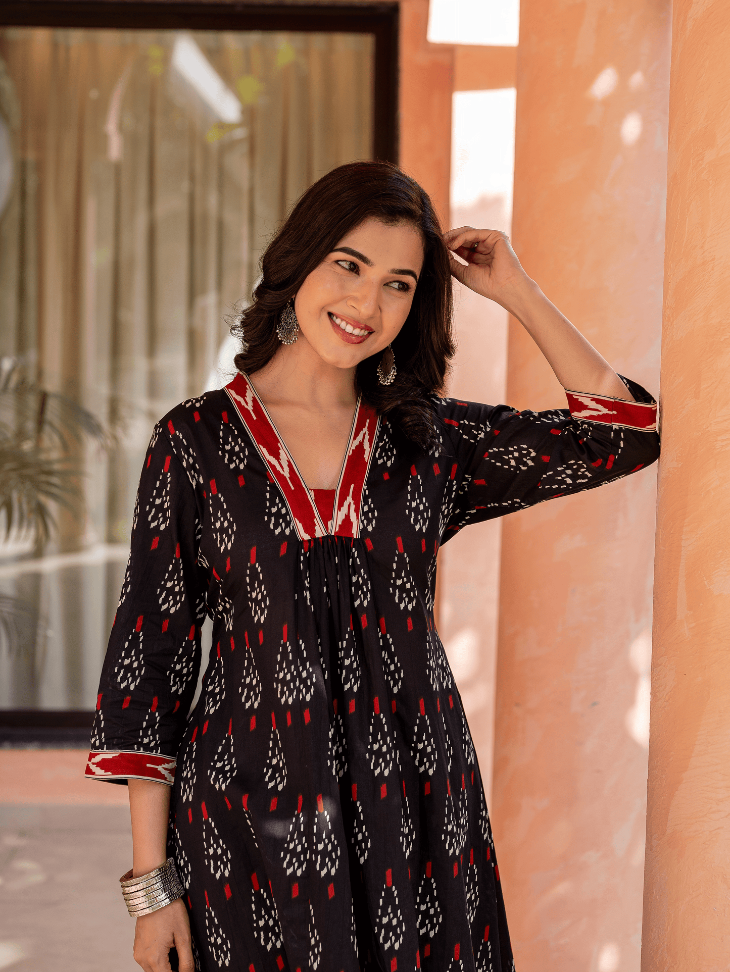 Soft cotton Ikat A-line Black Kurta