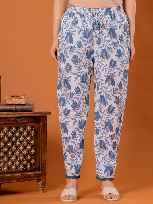 Linen Cotton Floral Blue Tapered Trousers