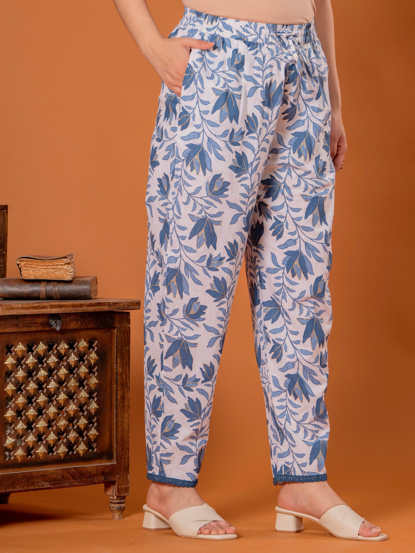 Linen Cotton Floral Blue Tapered Trousers