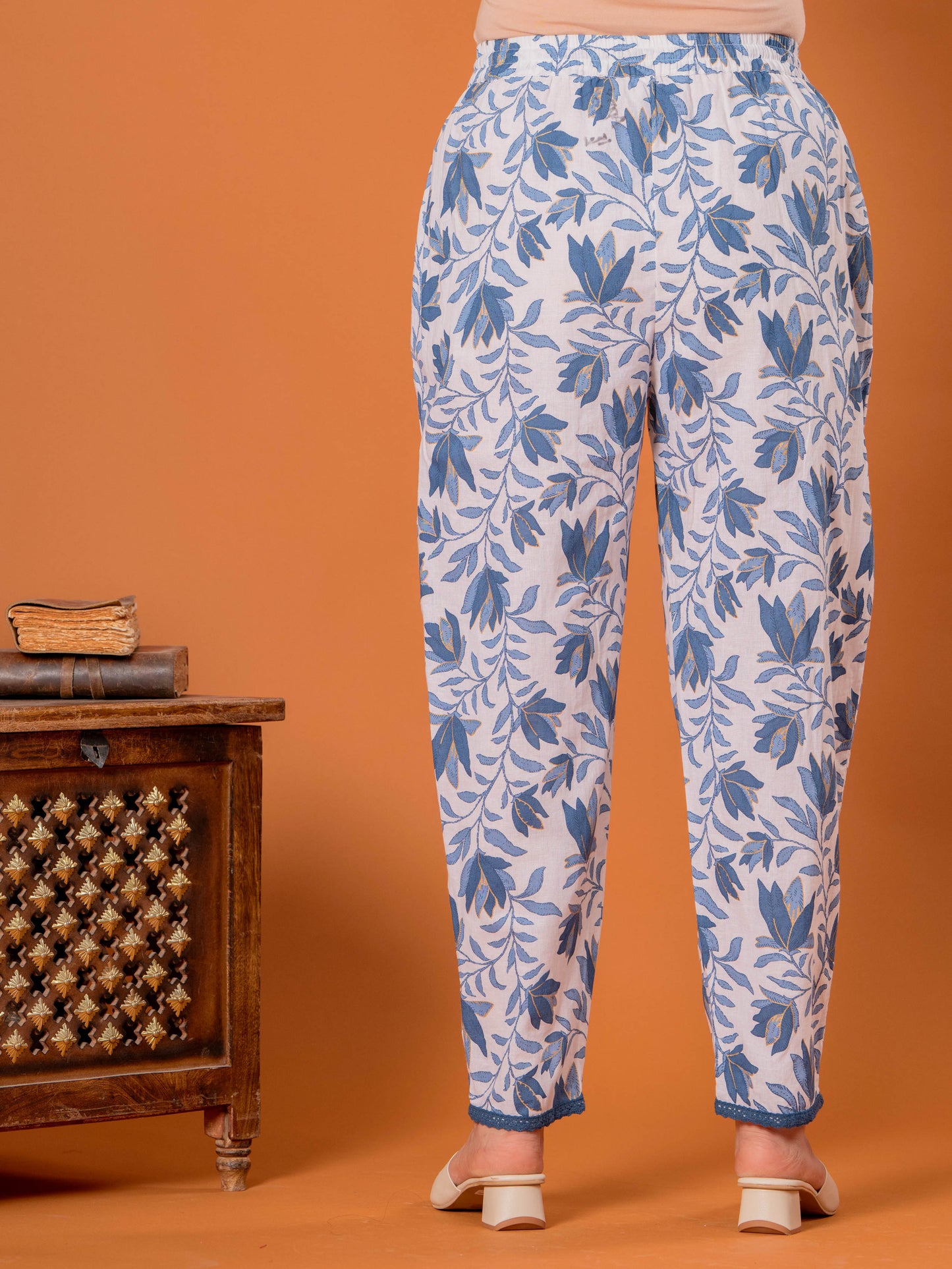Linen Cotton Floral Blue Tapered Trousers
