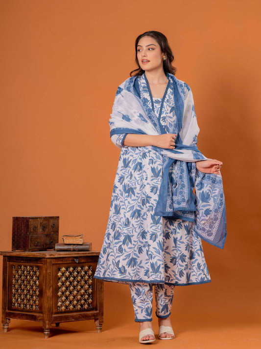 Cotton Voile Floral Blue Dupatta