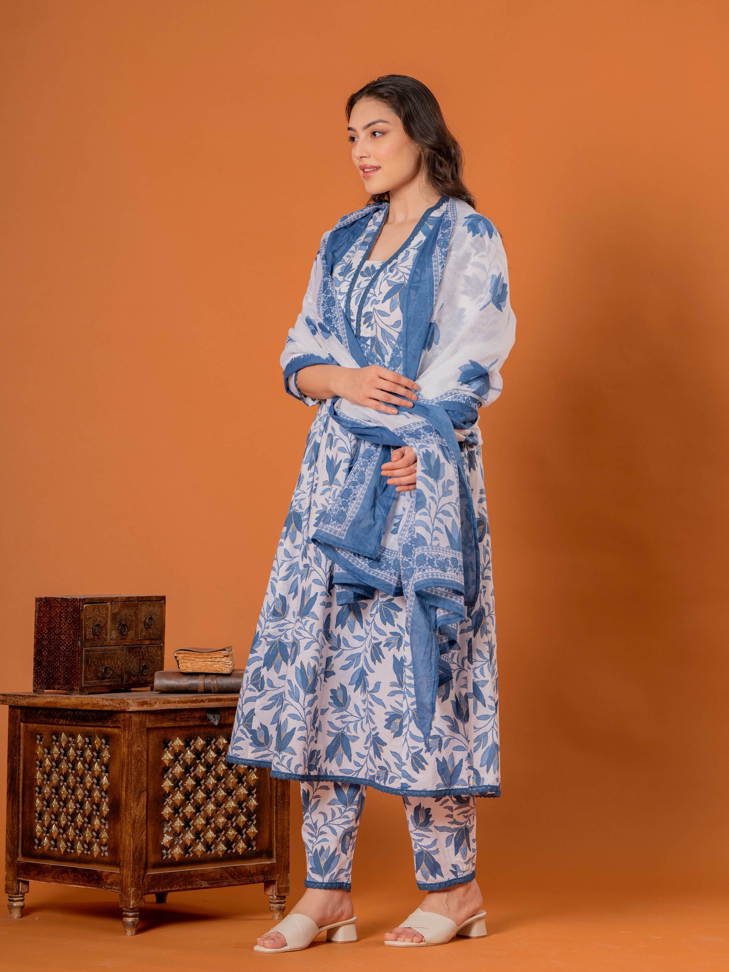 Cotton Voile Floral Blue Dupatta