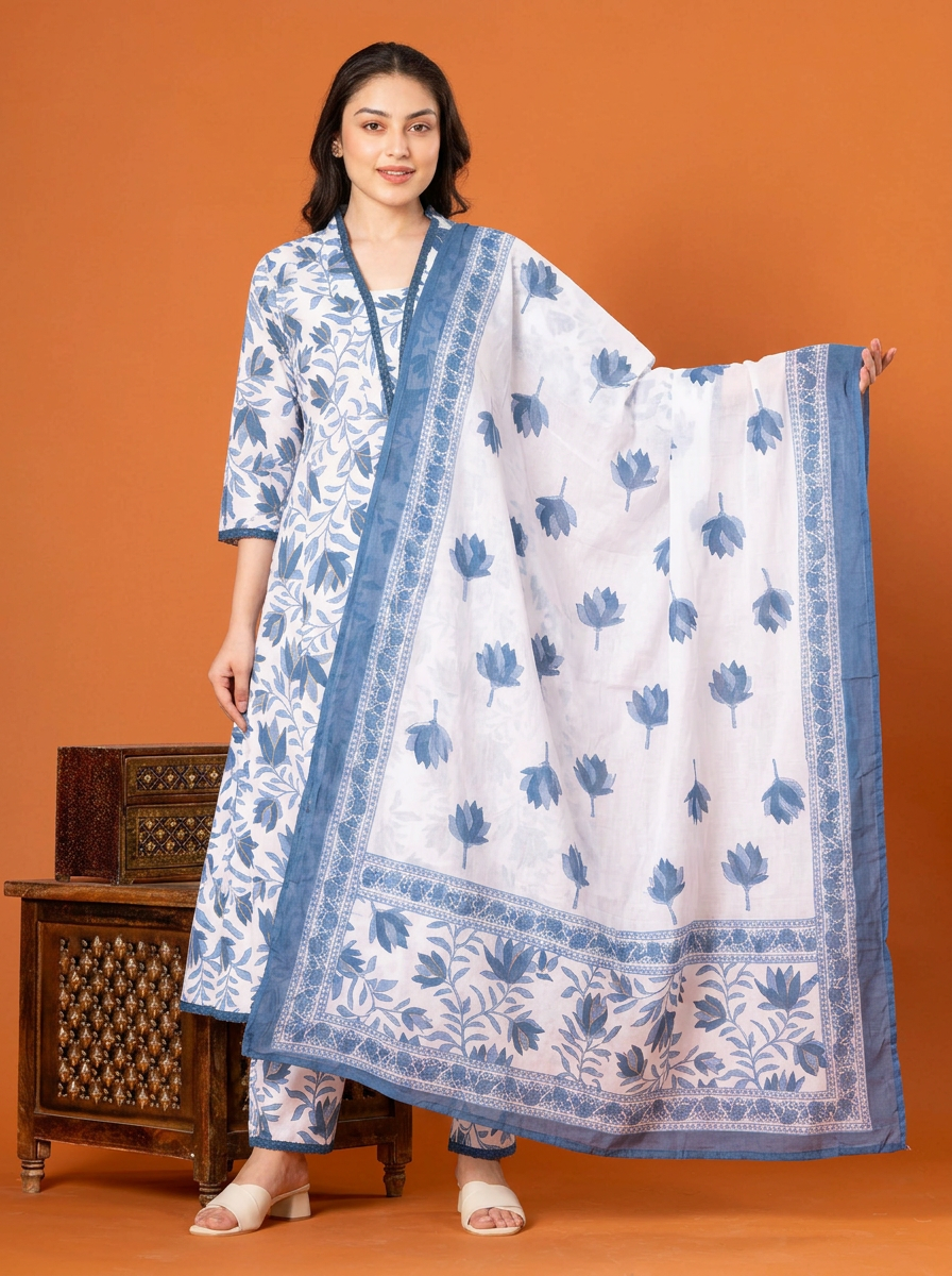 Linen Cotton Floral Anarkali Blue Kurta
