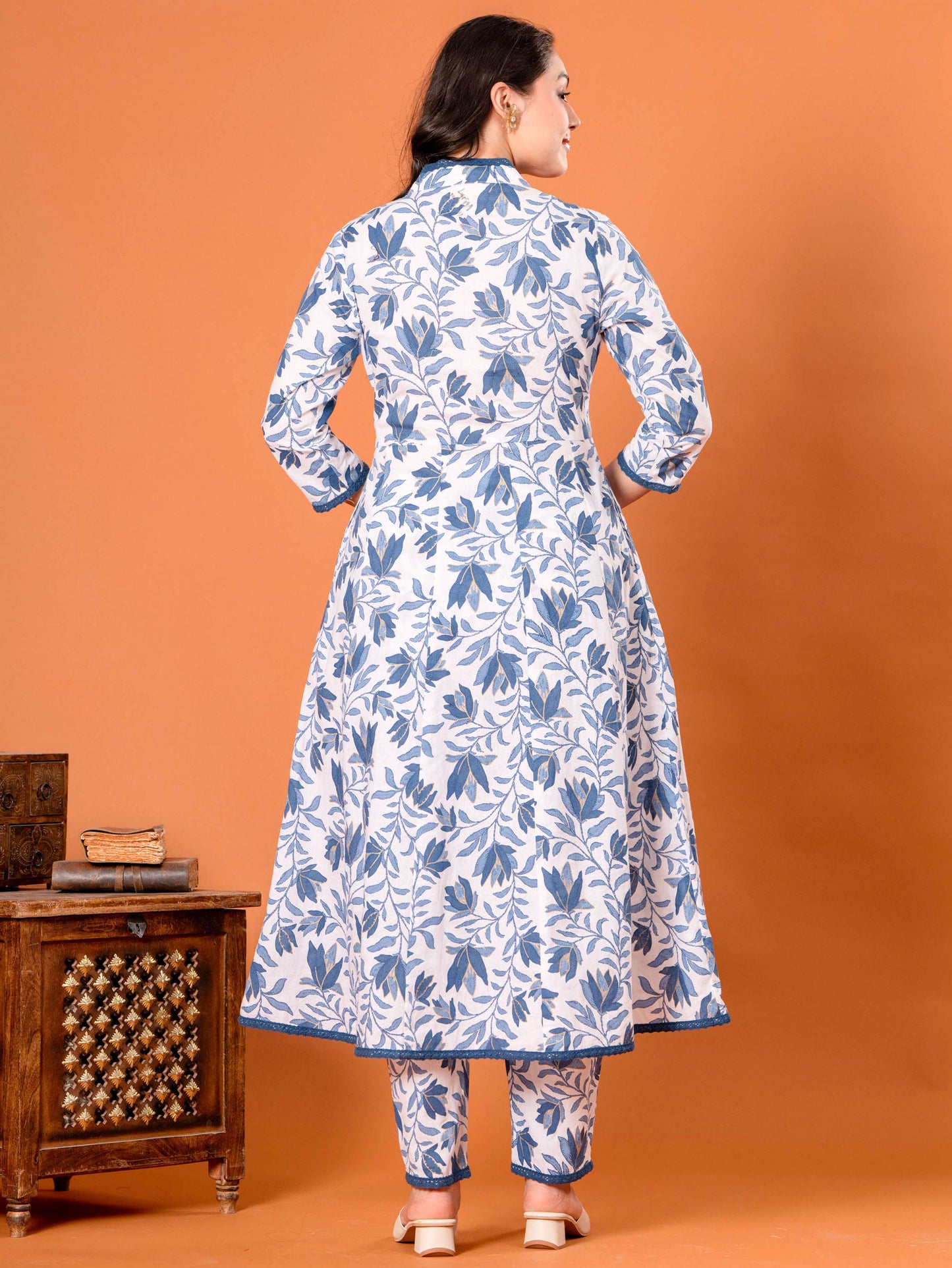 Linen Cotton Floral Anarkali Blue Kurta