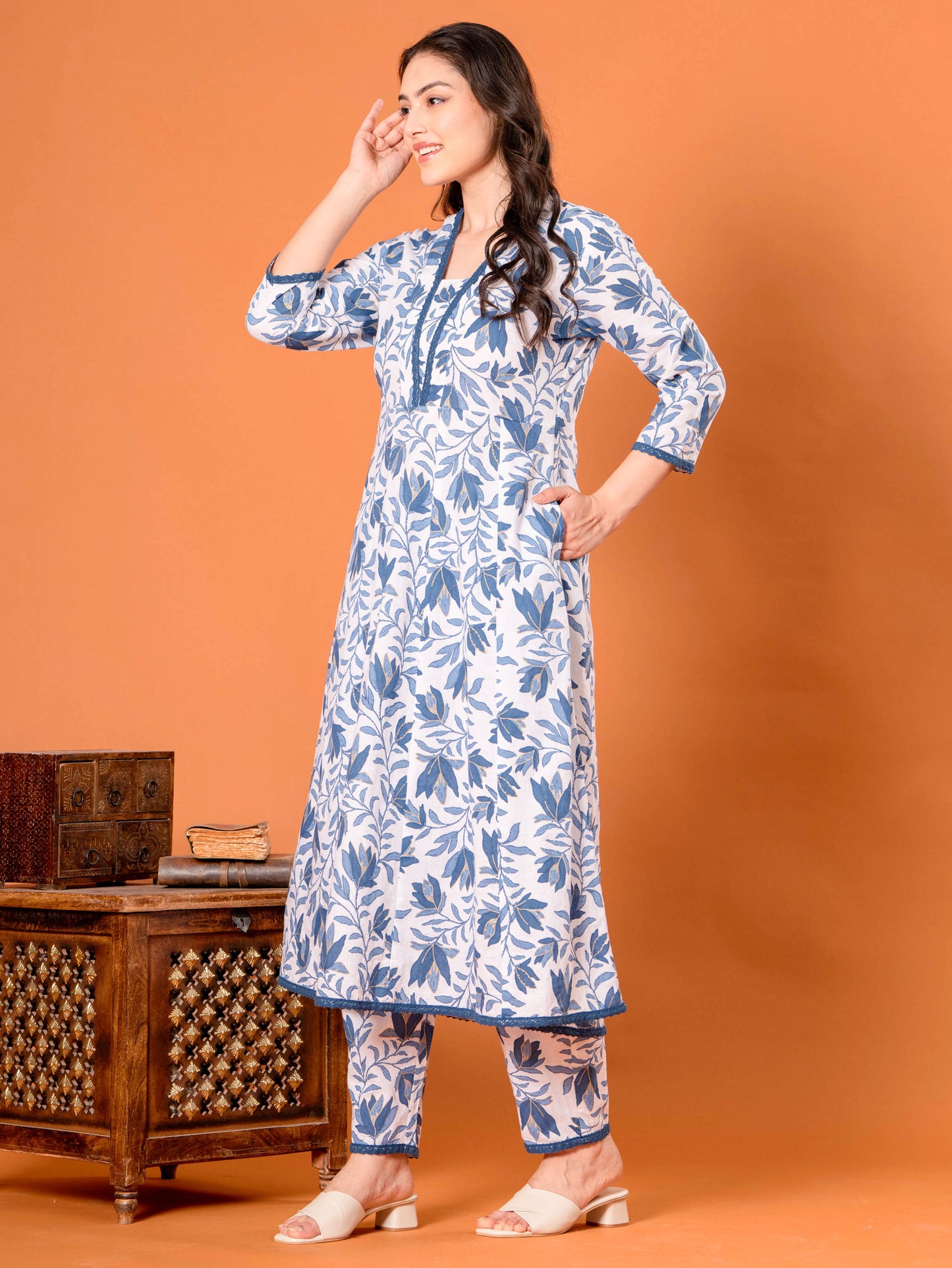Linen Cotton Floral Anarkali Blue Kurta