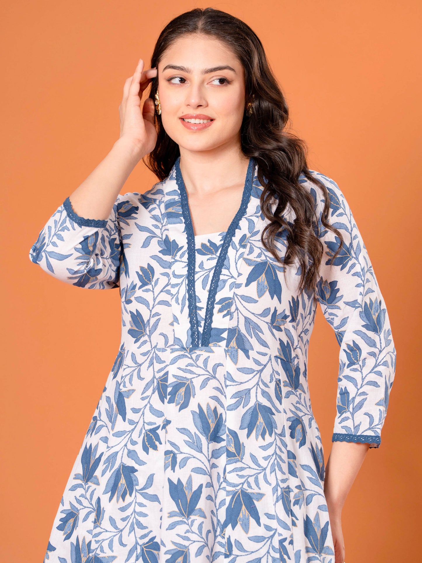 Linen Cotton Floral Anarkali Blue Kurta