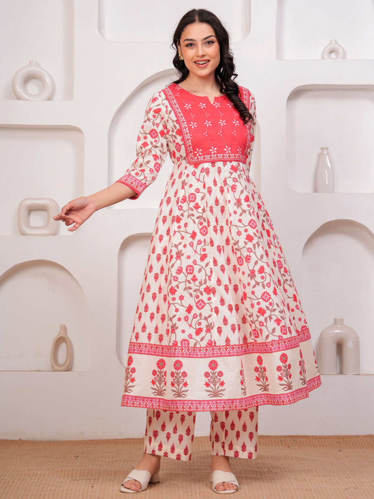 Embroidered Soft Cotton Floral Flared White Kurta