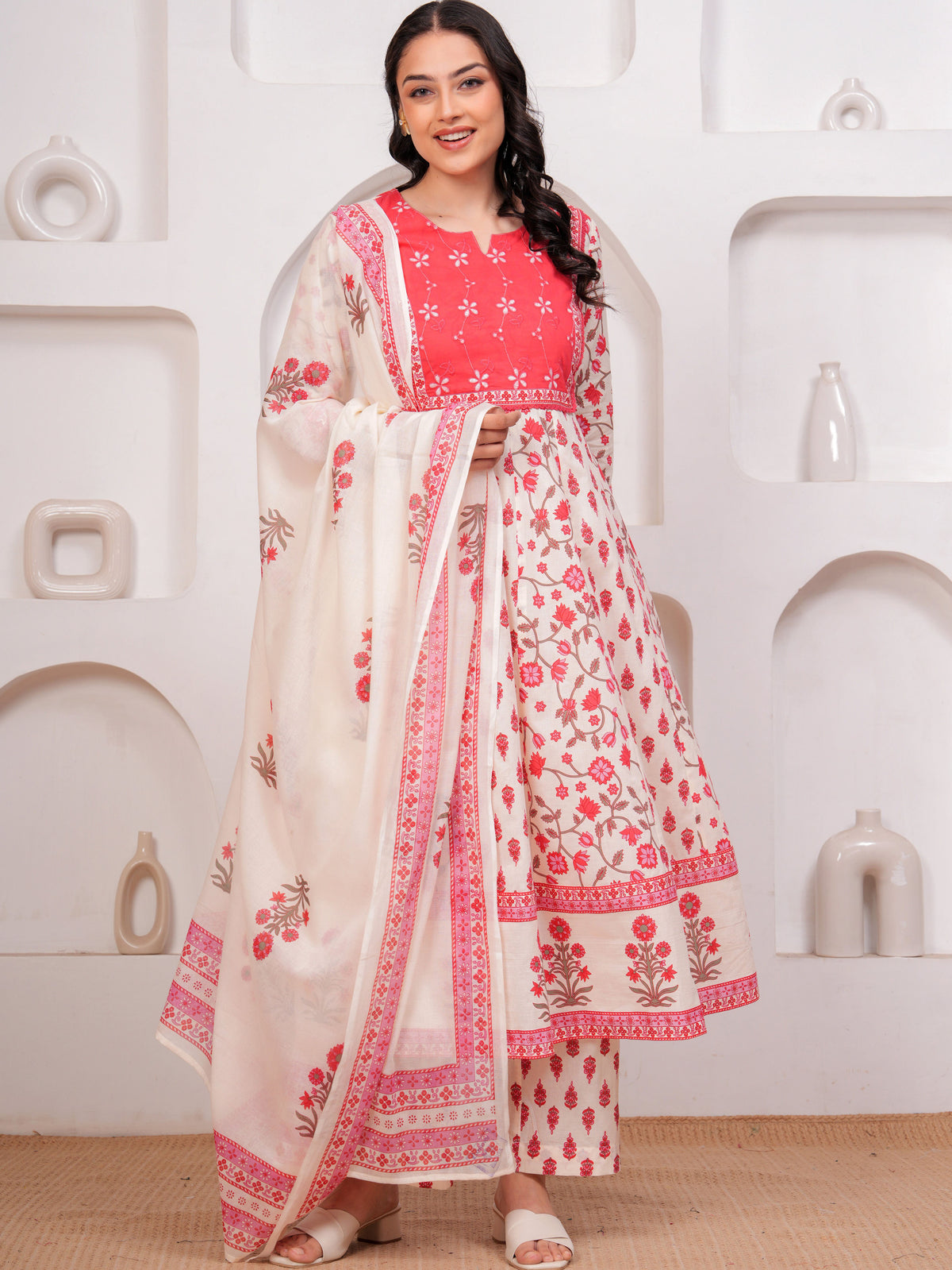 Embroidered Soft Cotton Floral Flared White Kurta