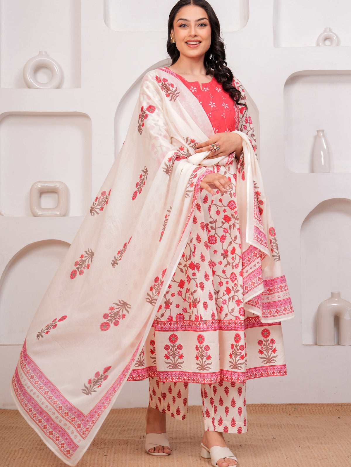 Embroidered Soft Cotton Floral Flared White Kurta
