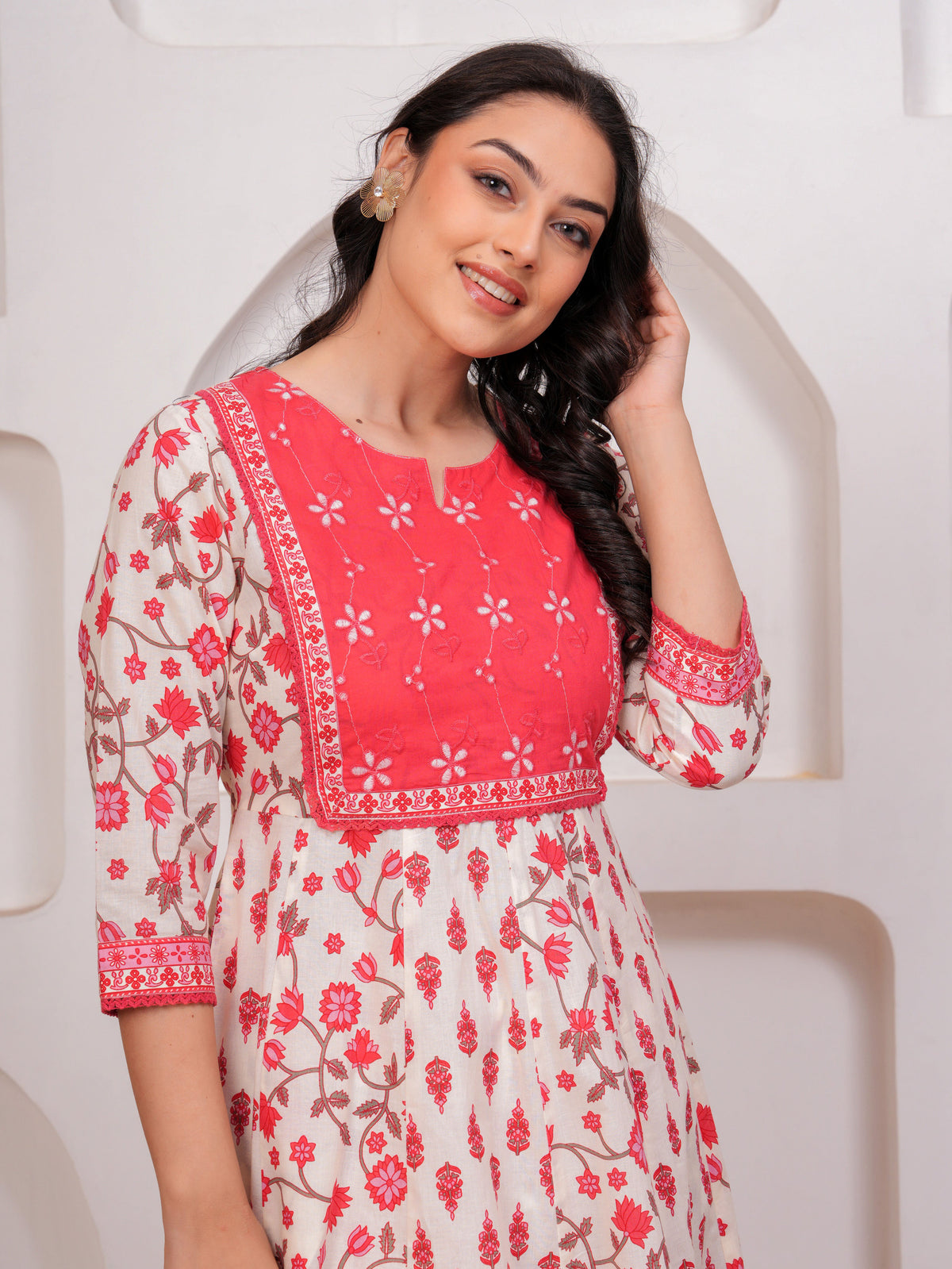 Embroidered Soft Cotton Floral Flared White Kurta