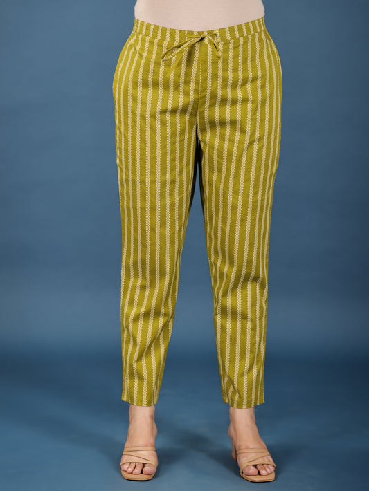 Soft Cotton Striped Green Tapered Trousers