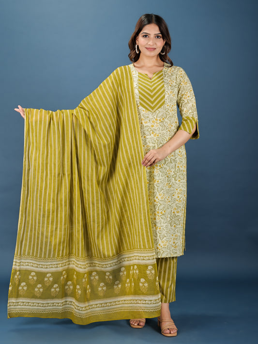 Soft Cotton Foliage Straight Green Kurta