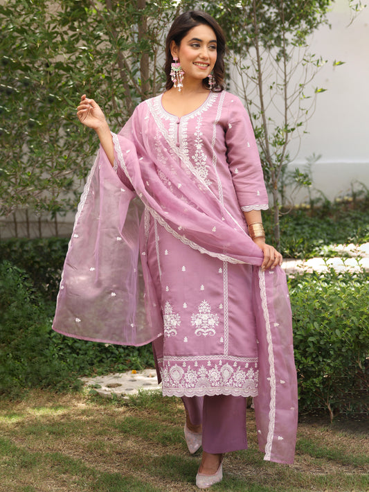 Embroidered Organza Solid Lavender Dupatta