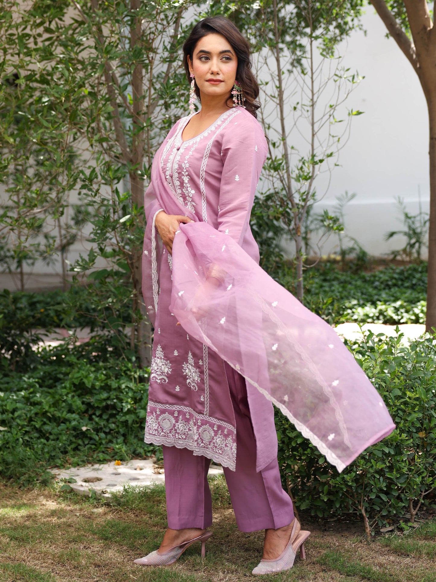 Embroidered Organza Solid Lavender Dupatta