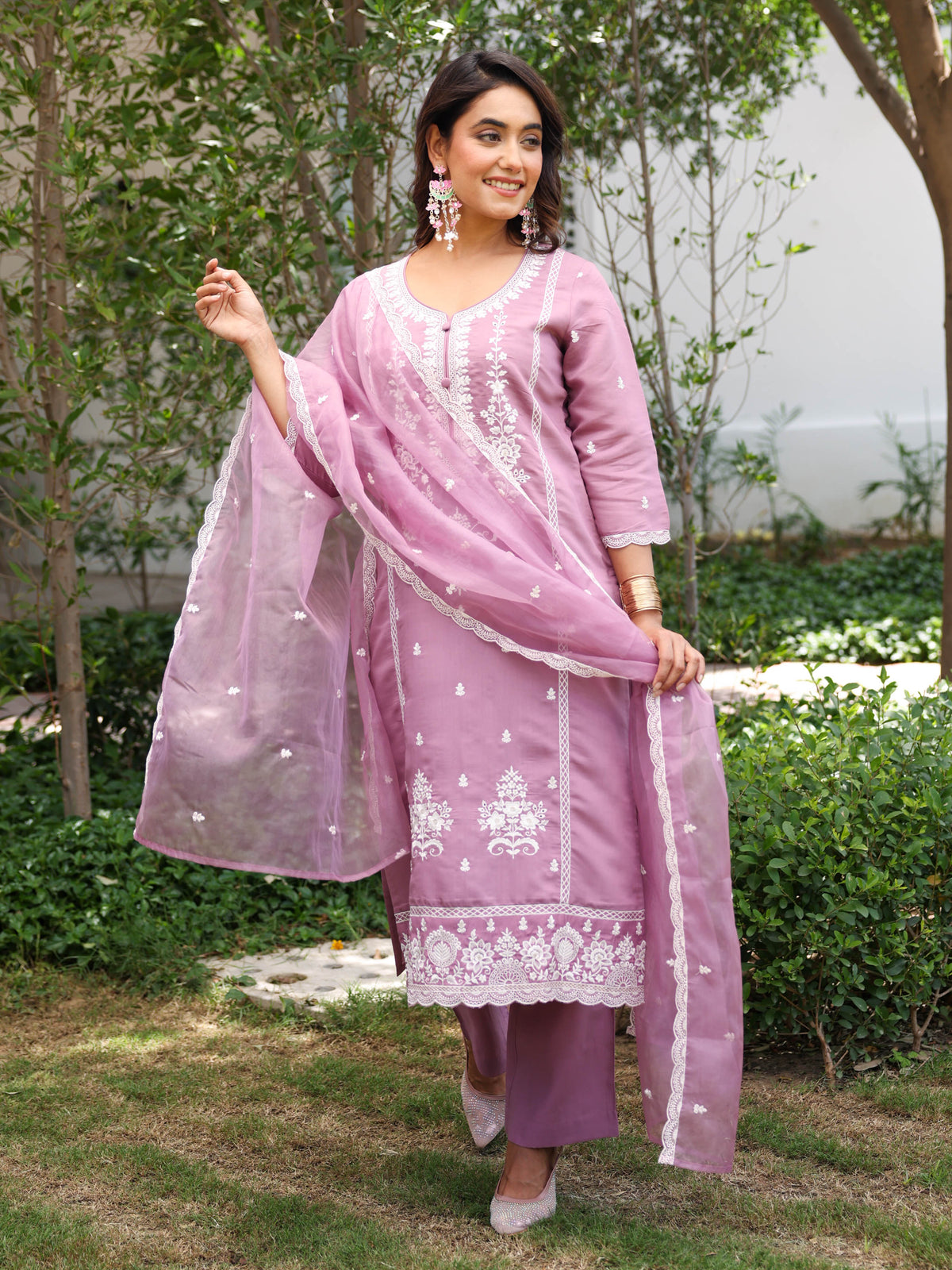 Embroidered Chanderi Solid Straight Lavender Kurta