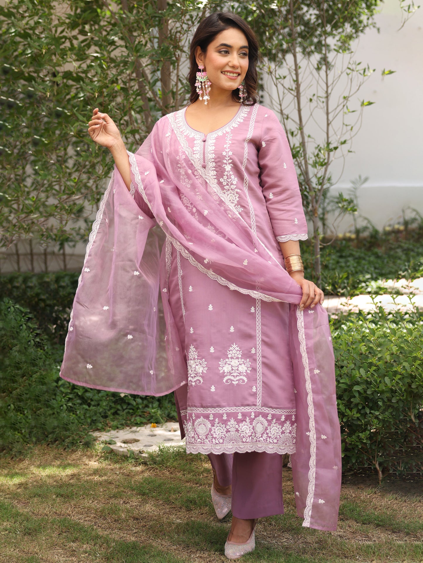 Embroidered Chanderi Solid Straight Lavender Kurta