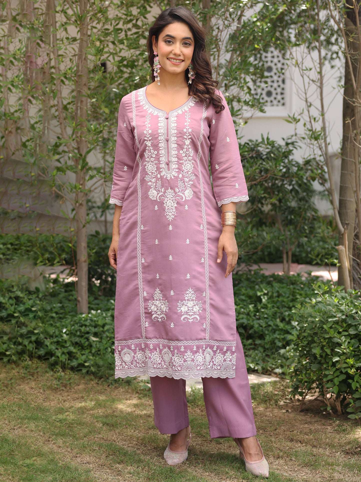 Embroidered Chanderi Solid Straight Lavender Kurta