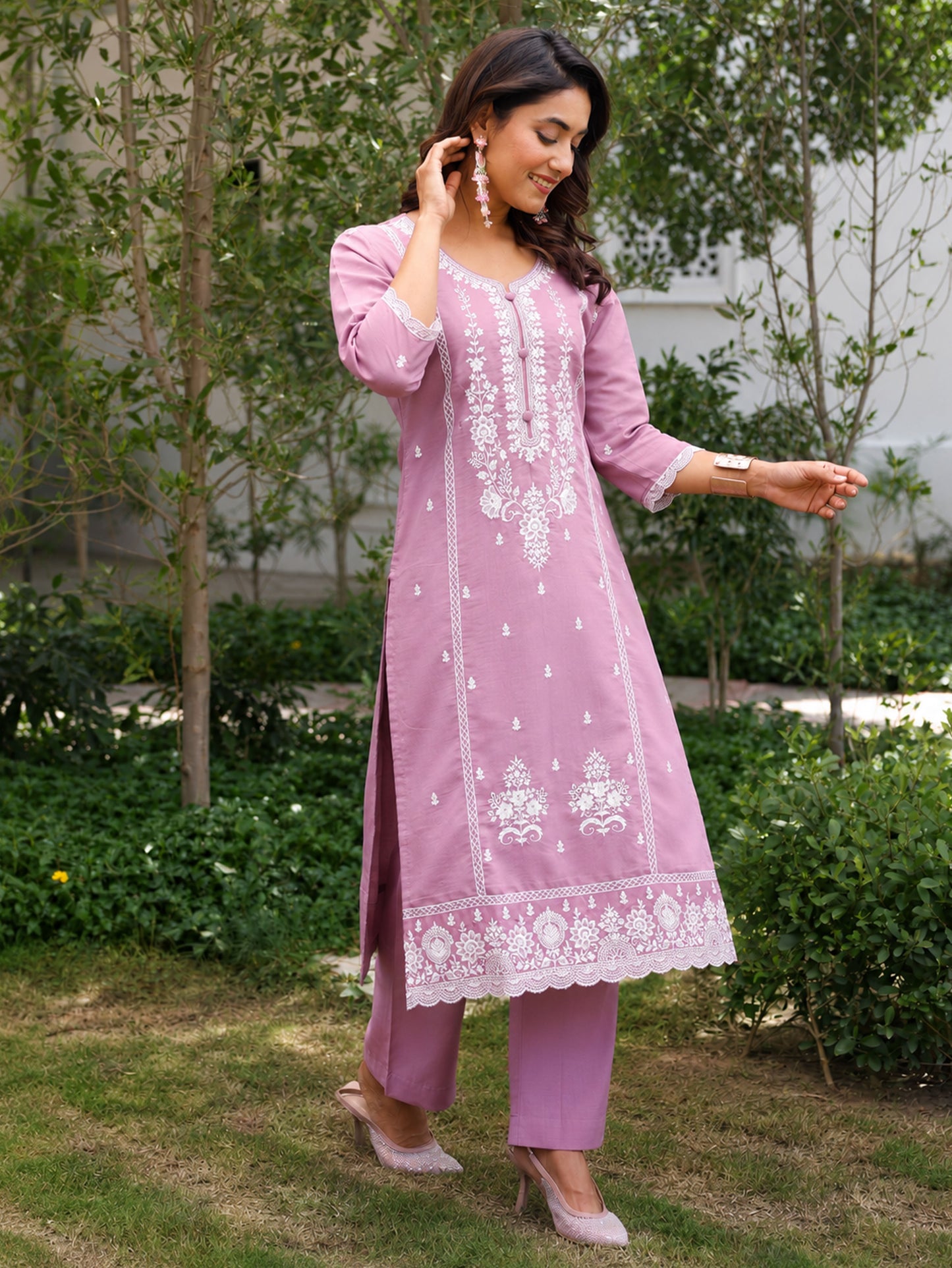 Embroidered Chanderi Solid Straight Lavender Kurta