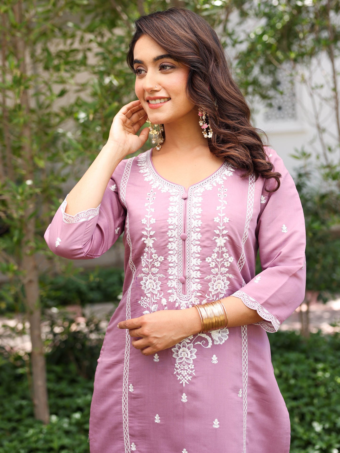 Embroidered Chanderi Solid Straight Lavender Kurta