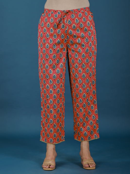 Soft Cotton Floral Red Straight Trousers