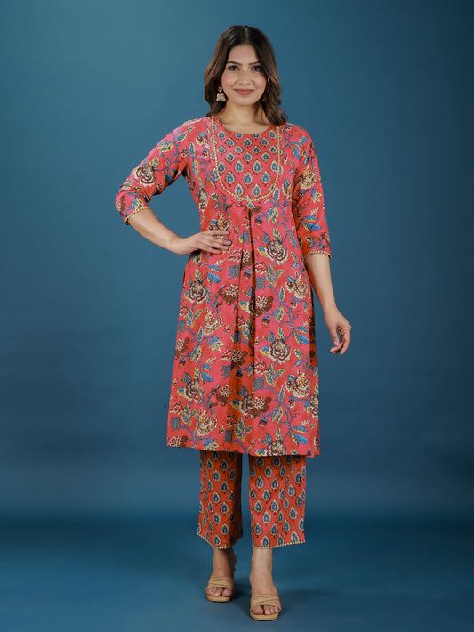 Soft Cotton Floral A-line Red Kurta
