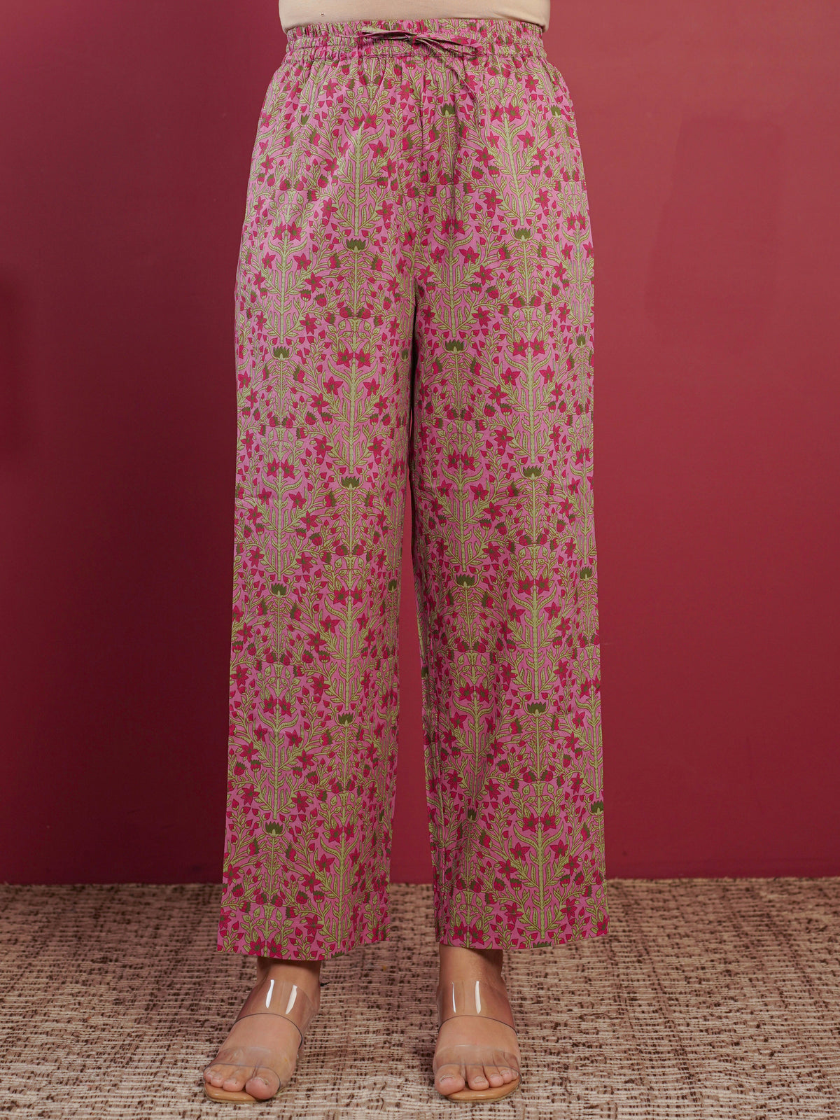 soft cotton floral pink straight trousers