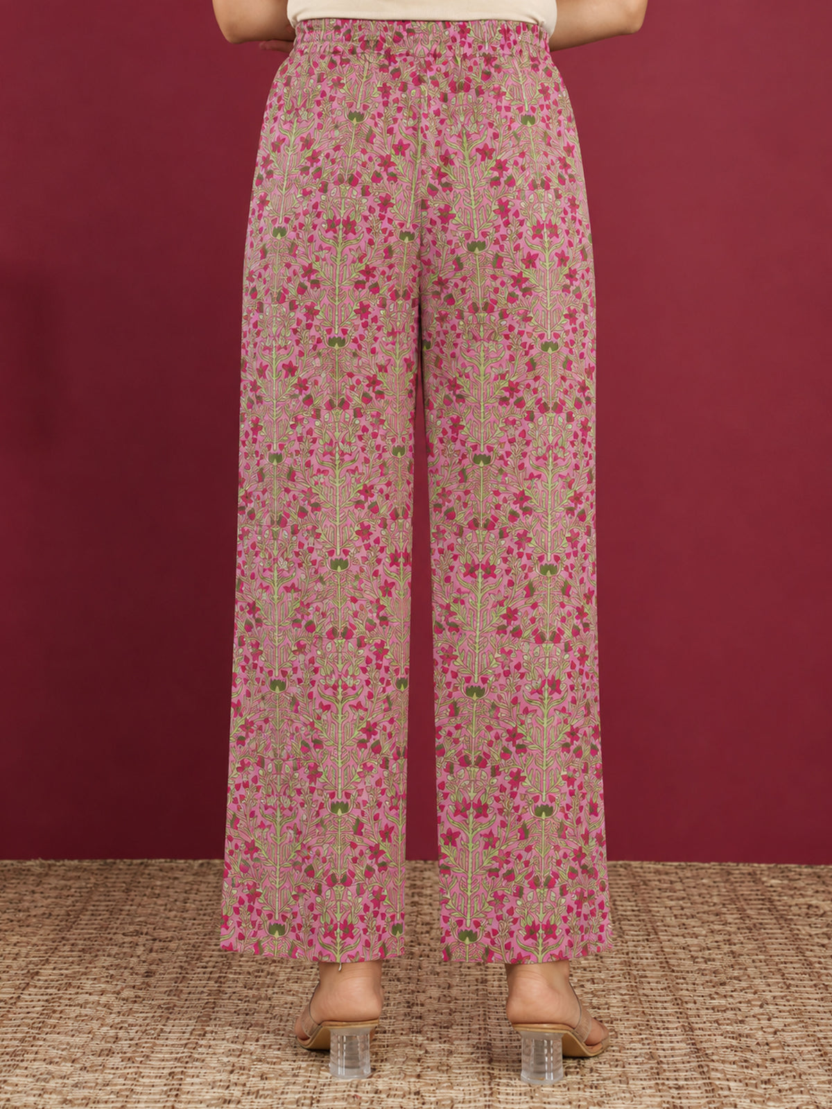 soft cotton floral pink straight trousers