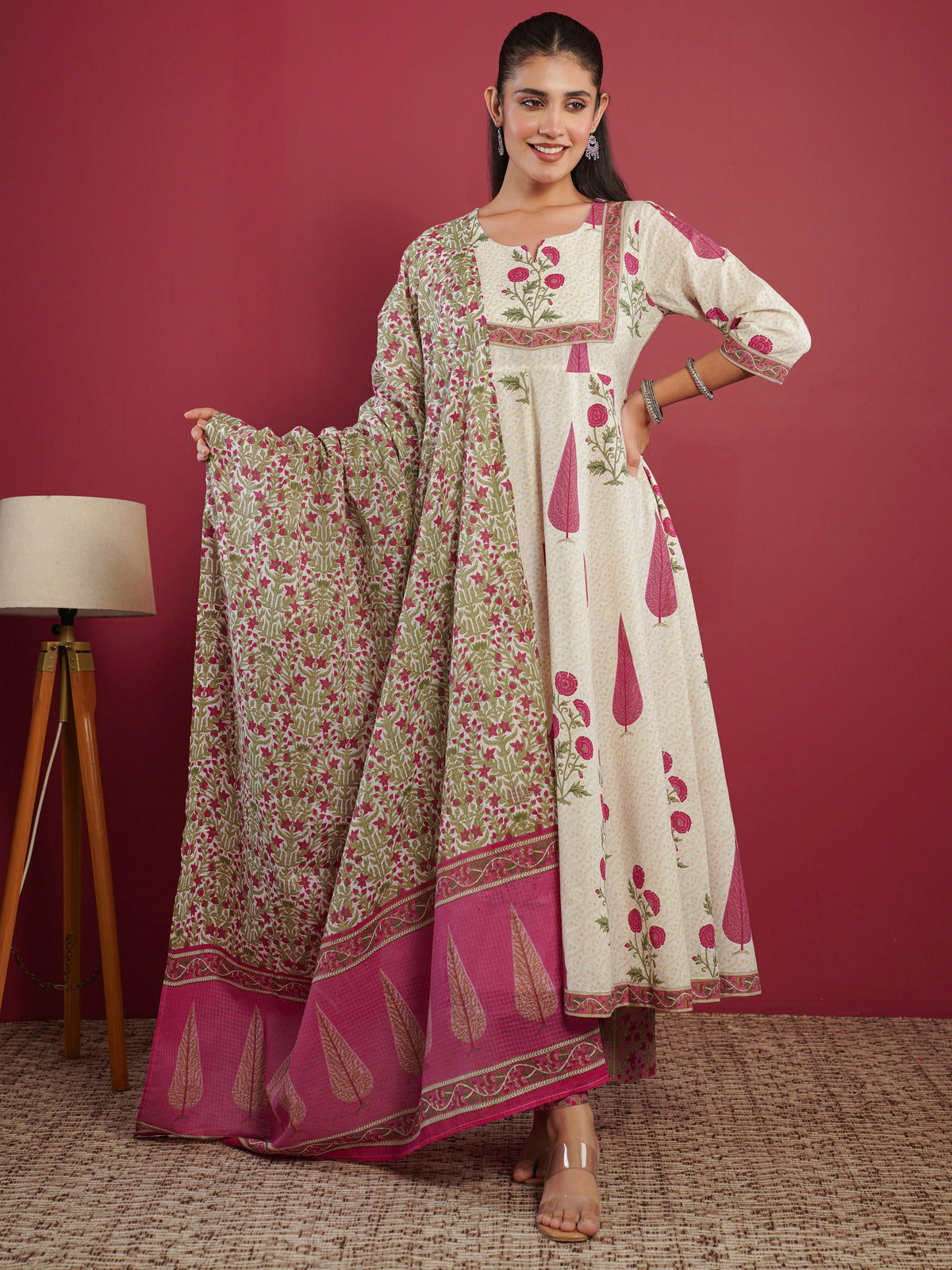 kota doria floral cream dupatta
