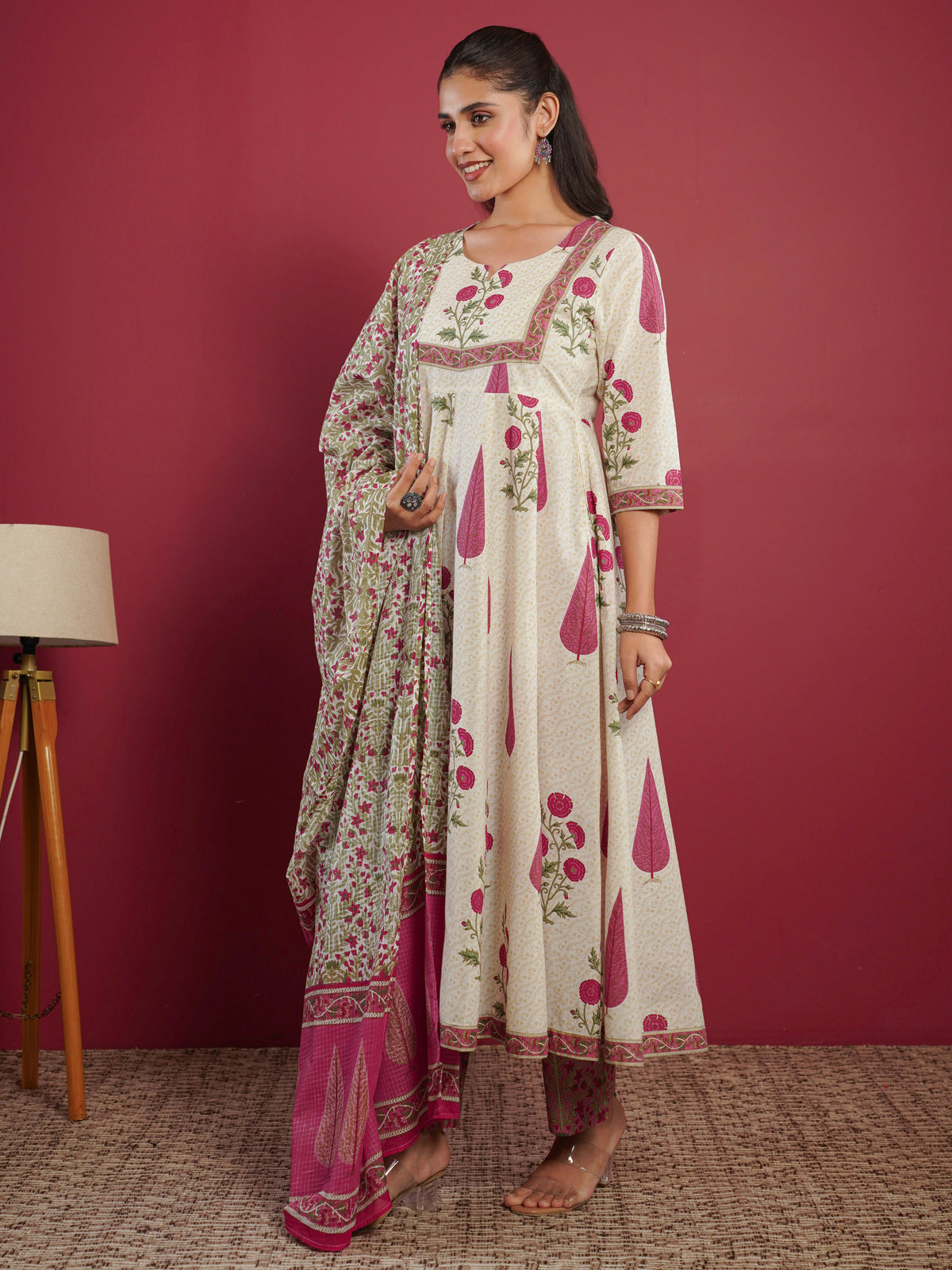 kota doria floral cream dupatta