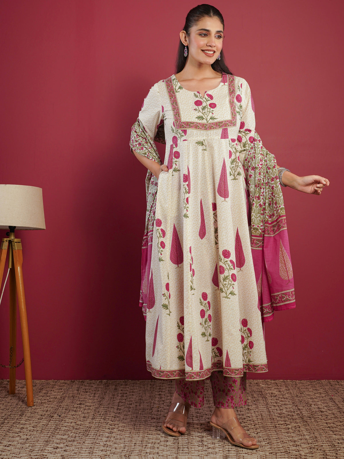 kota doria floral cream dupatta