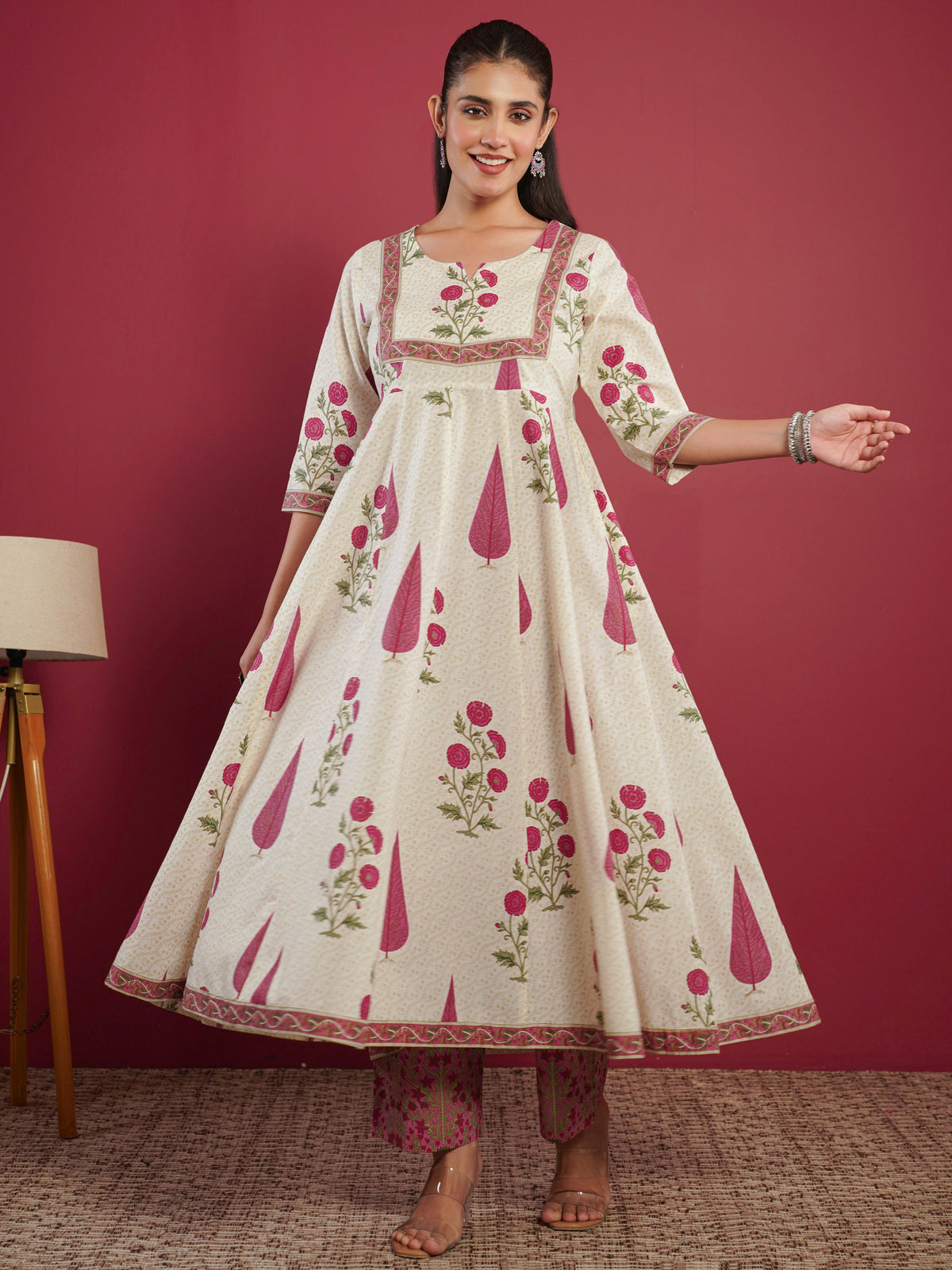 soft cotton floral anarkali cream kurta