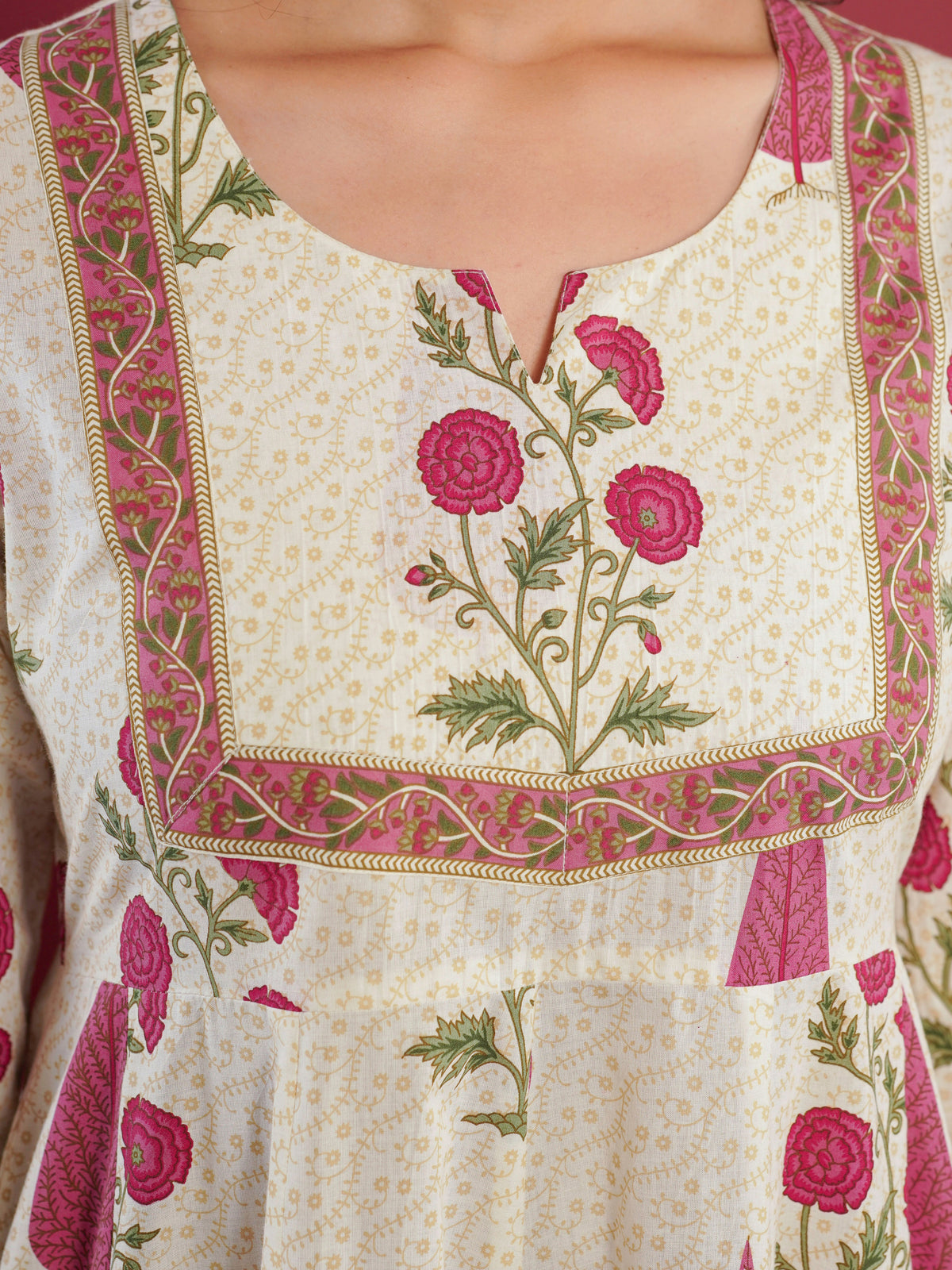 soft cotton floral anarkali cream kurta