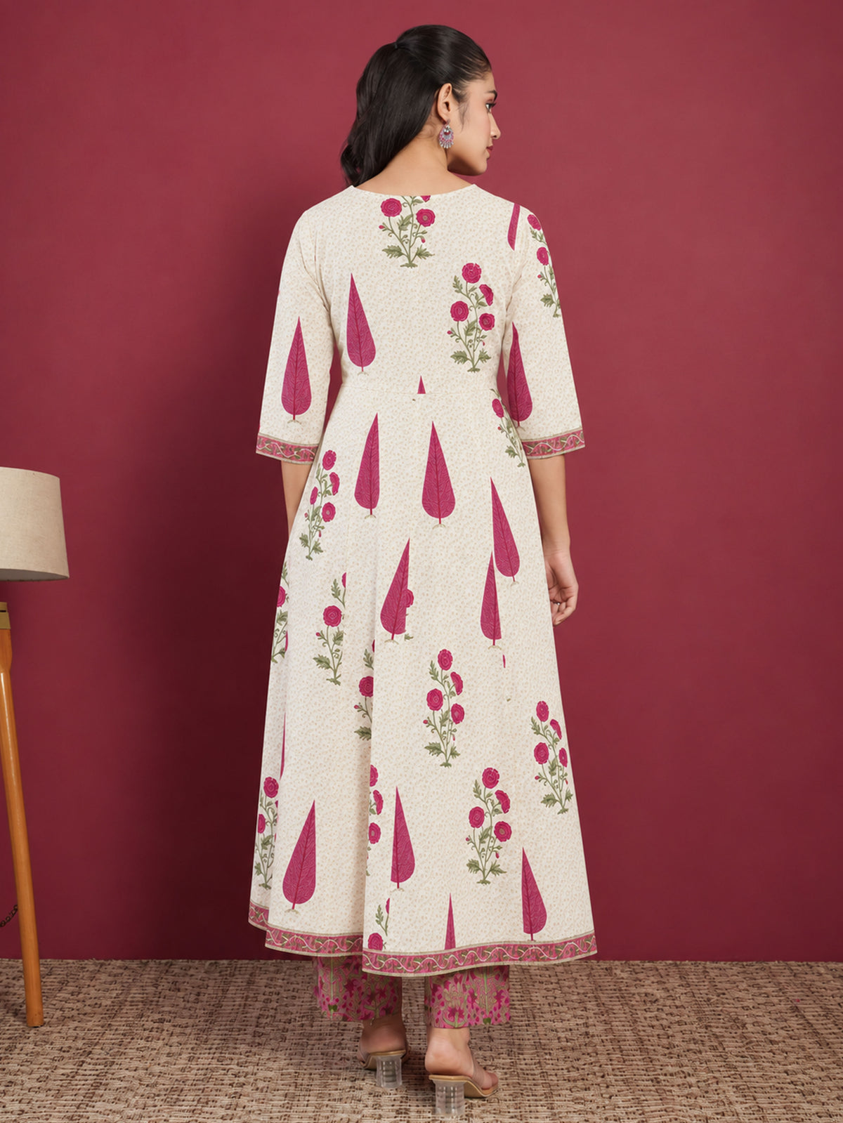 soft cotton floral anarkali cream kurta