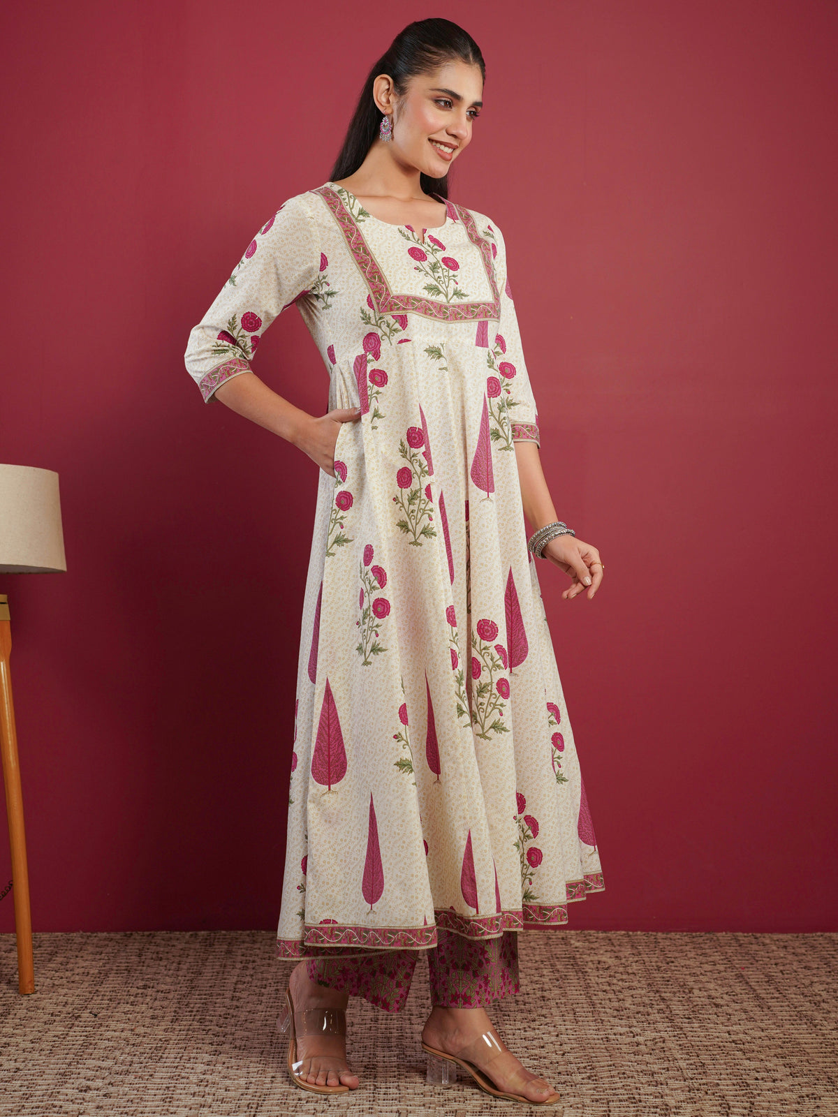 soft cotton floral anarkali cream kurta