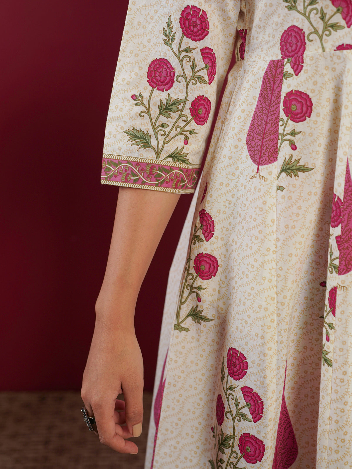 soft cotton floral anarkali cream kurta