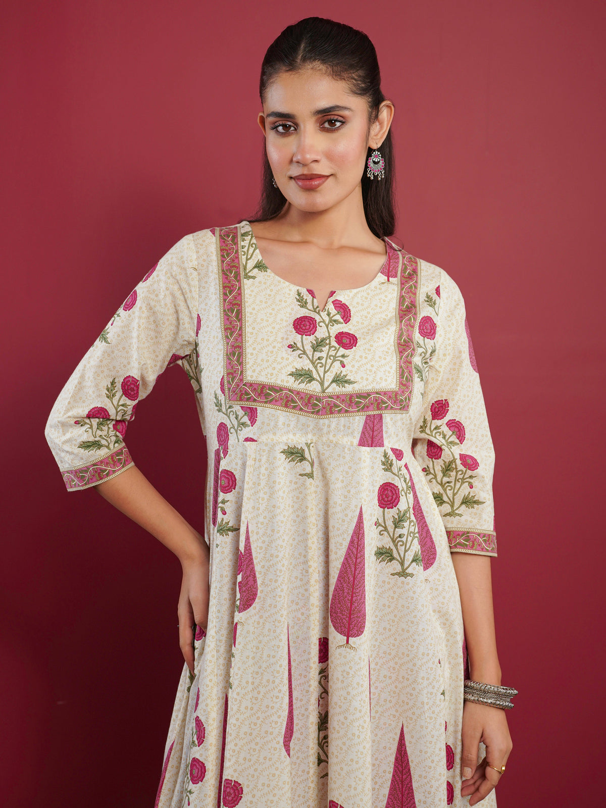 soft cotton floral anarkali cream kurta