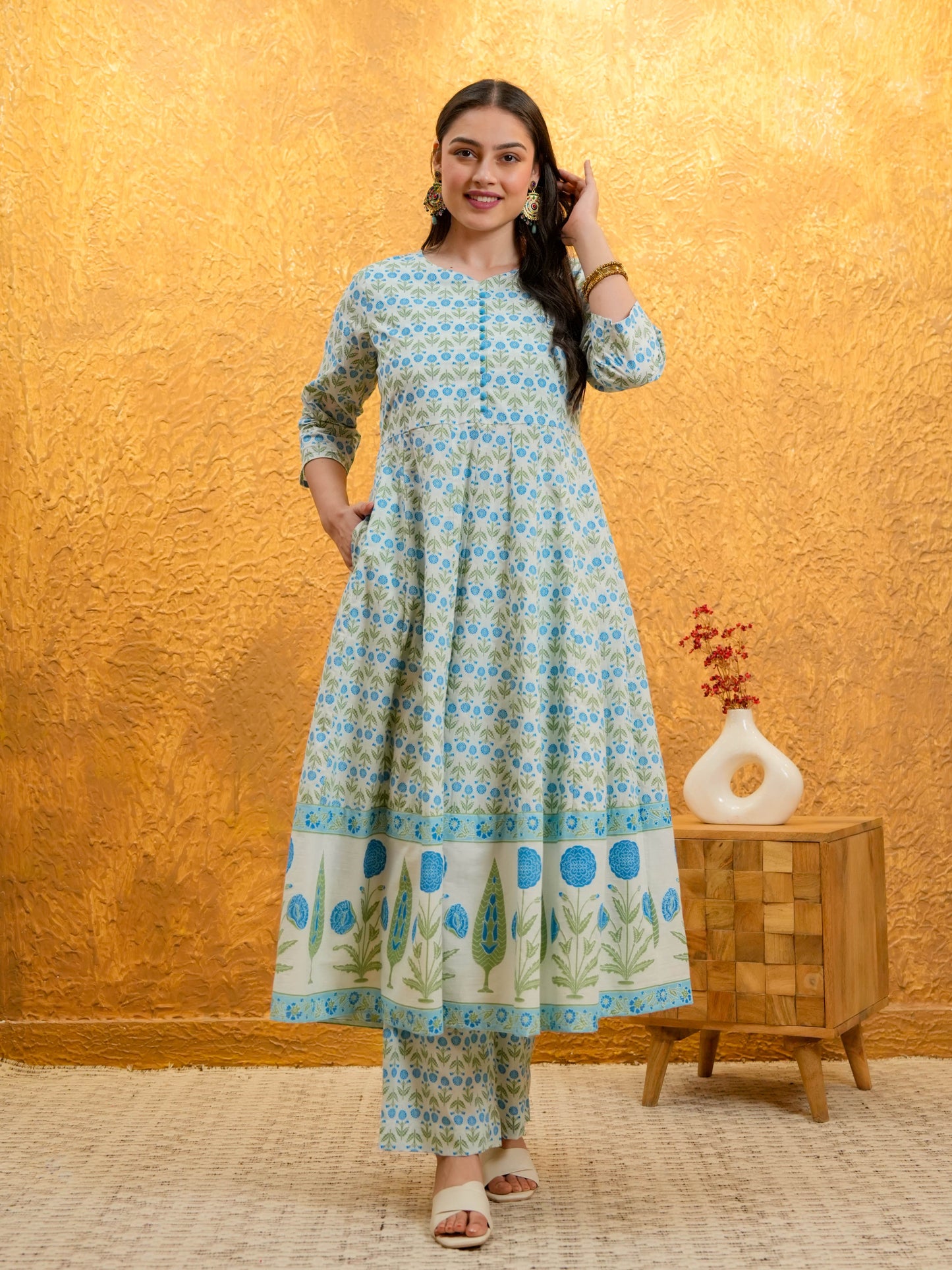 Soft Cotton Floral Flared White Kurta